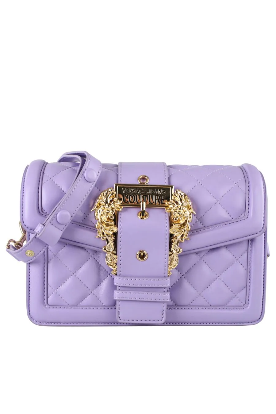 Bolso bandolera violeta con hebilla barroca y cadena con charms