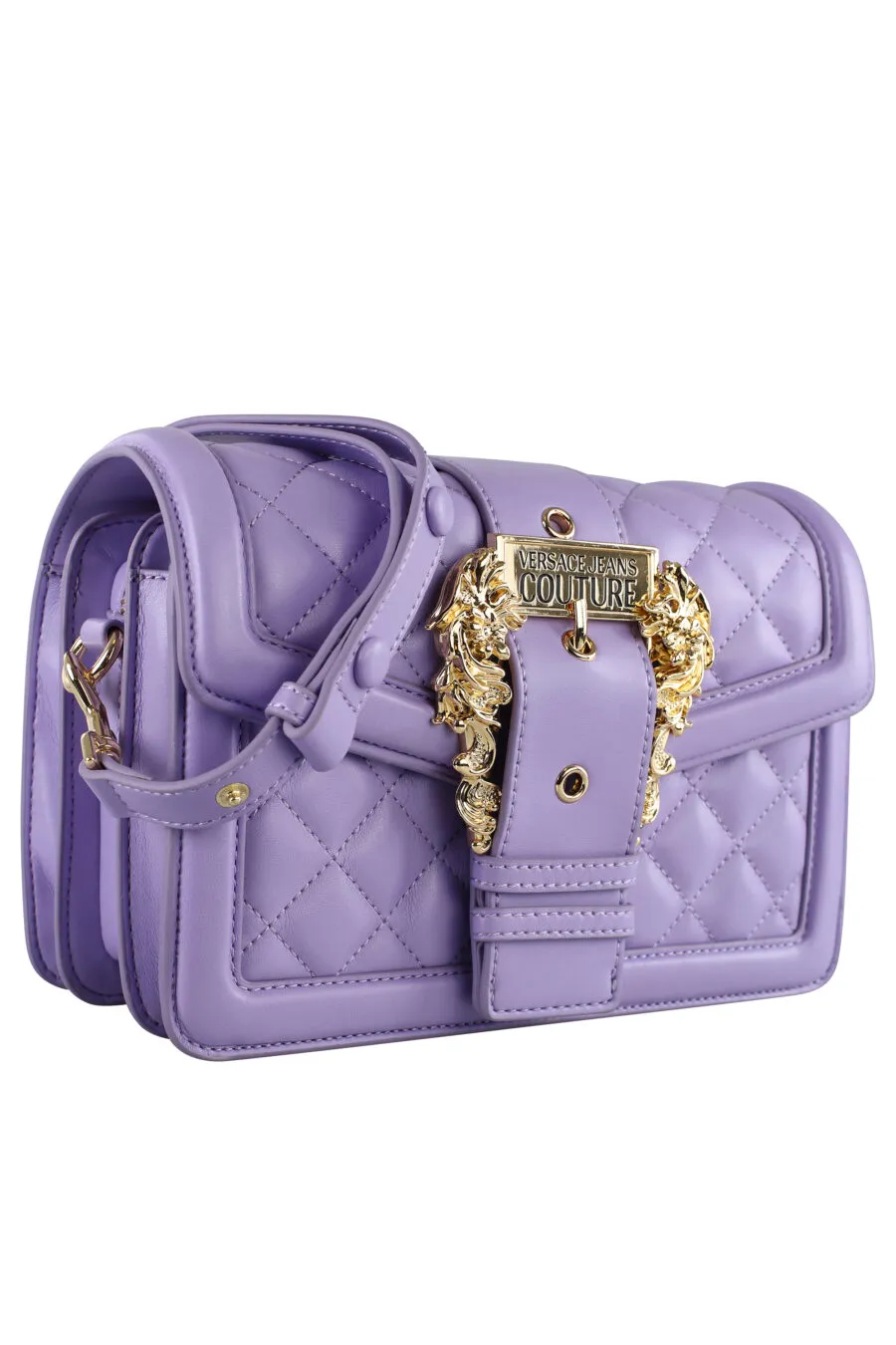 Bolso bandolera violeta con hebilla barroca y cadena con charms