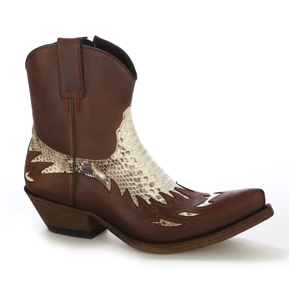 Botin cowboy piel marron y piton real
