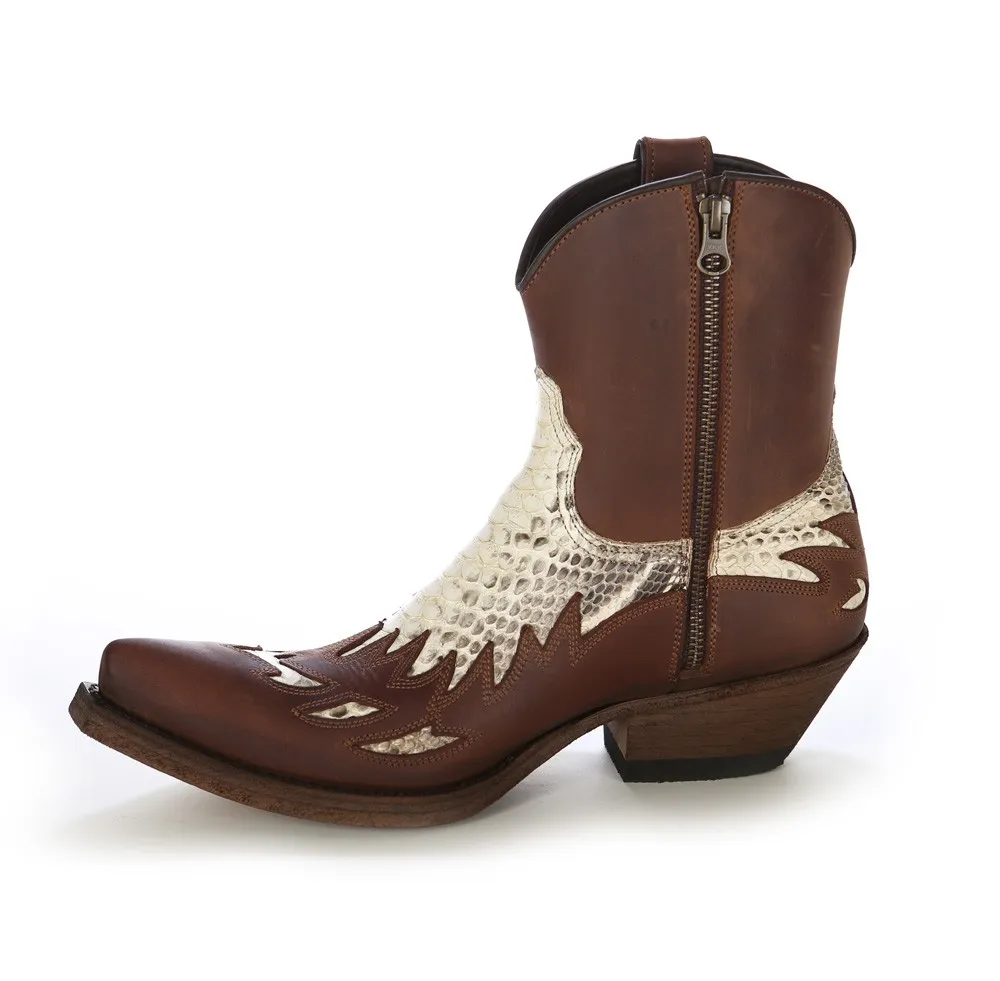 Botin cowboy piel marron y piton real
