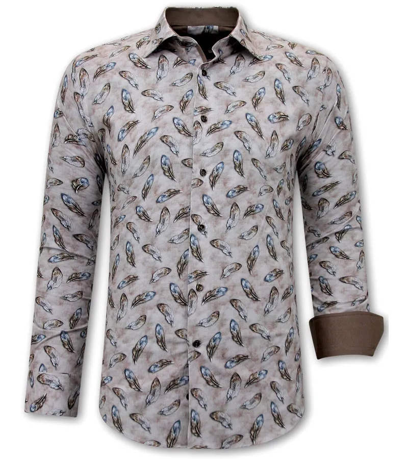 CAMISA ESTAMPADO PLUMAS DE PáJARO HOMBRE  3111 MARRóN