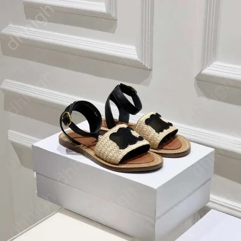Designer Sluys Lympia Flat Slides Raffia Sandalias Zapatos de lujo Correa de tobillo Toe Open Womens Diseñador de lujo Flats Gla