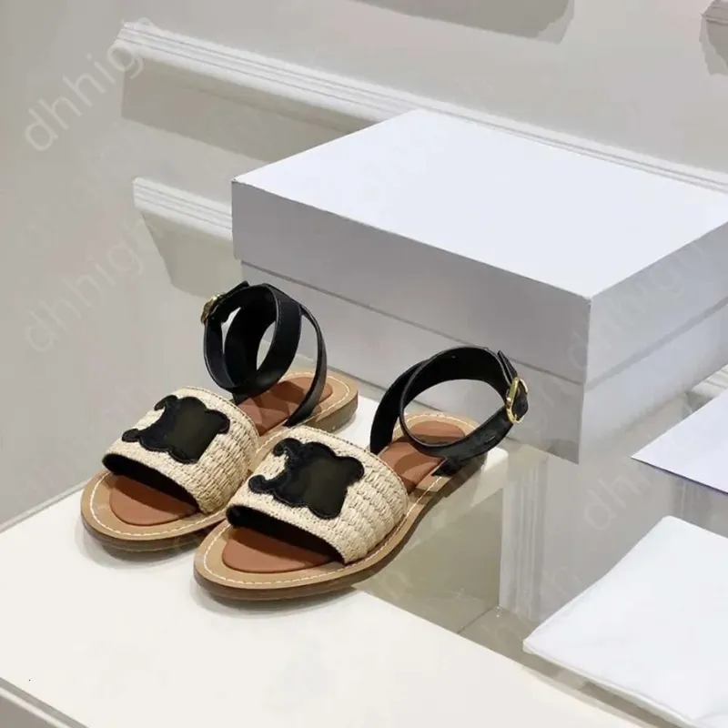 Designer Sluys Lympia Flat Slides Raffia Sandalias Zapatos de lujo Correa de tobillo Toe Open Womens Diseñador de lujo Flats Gla