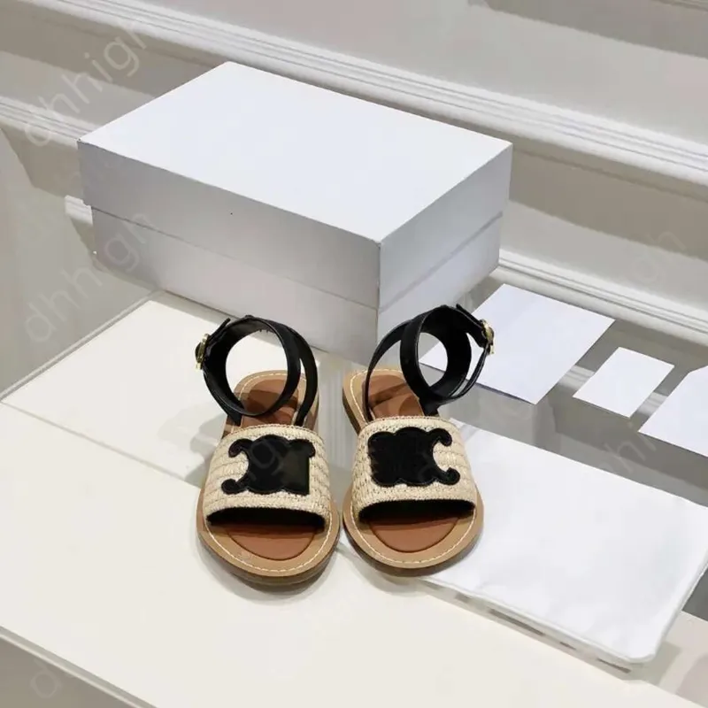Designer Sluys Lympia Flat Slides Raffia Sandalias Zapatos de lujo Correa de tobillo Toe Open Womens Diseñador de lujo Flats Gla
