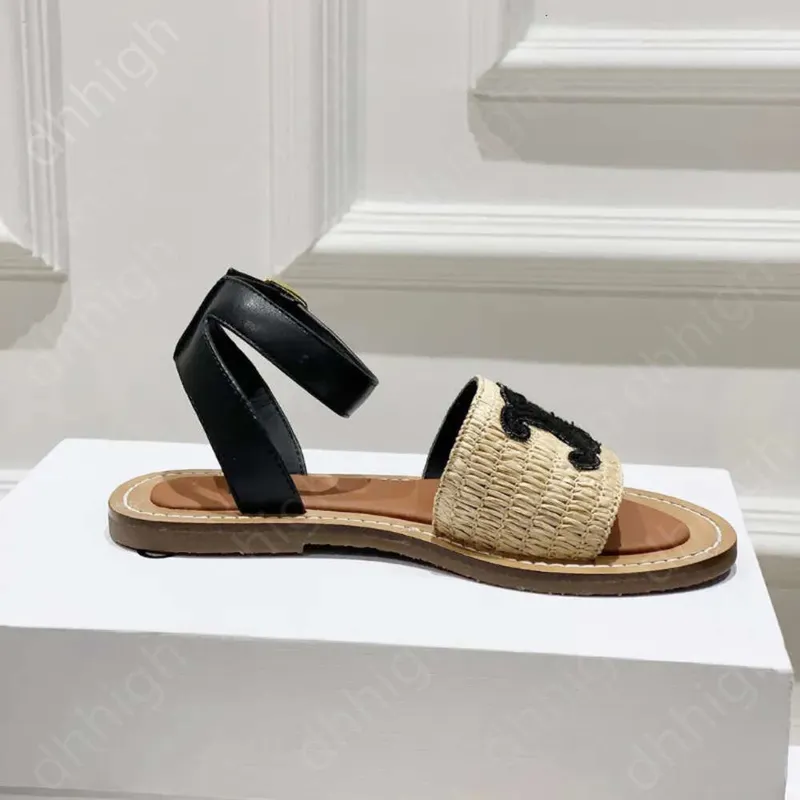 Designer Sluys Lympia Flat Slides Raffia Sandalias Zapatos de lujo Correa de tobillo Toe Open Womens Diseñador de lujo Flats Gla