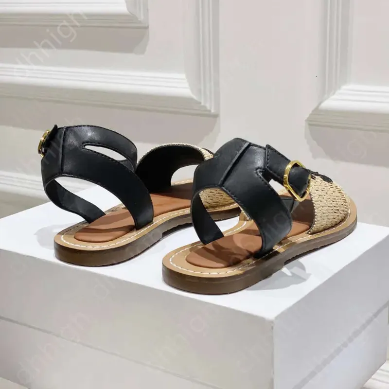 Designer Sluys Lympia Flat Slides Raffia Sandalias Zapatos de lujo Correa de tobillo Toe Open Womens Diseñador de lujo Flats Gla