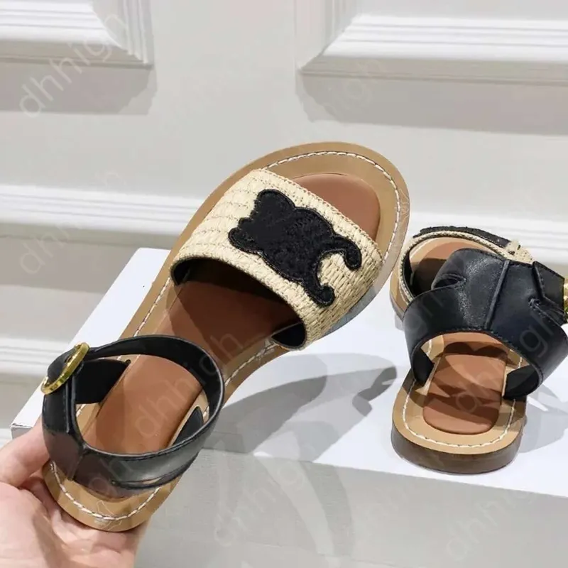Designer Sluys Lympia Flat Slides Raffia Sandalias Zapatos de lujo Correa de tobillo Toe Open Womens Diseñador de lujo Flats Gla