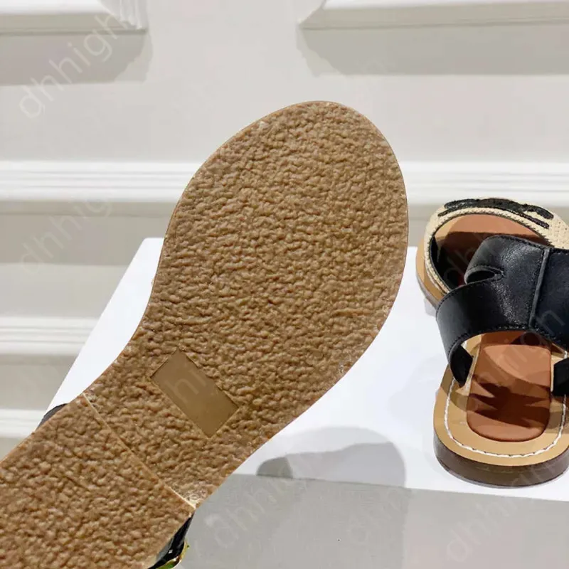 Designer Sluys Lympia Flat Slides Raffia Sandalias Zapatos de lujo Correa de tobillo Toe Open Womens Diseñador de lujo Flats Gla