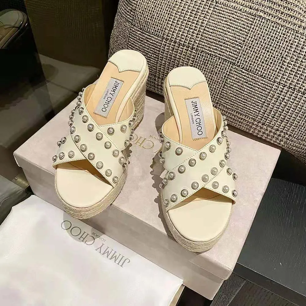Jimmy Choo Mujer Dovina 100 Latte Napa Cuñas con Perlas