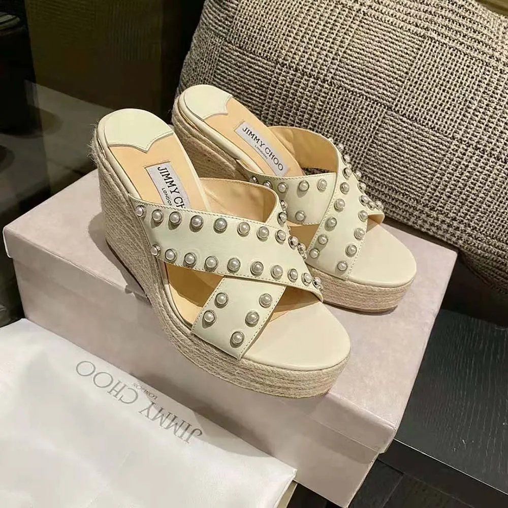 Jimmy Choo Mujer Dovina 100 Latte Napa Cuñas con Perlas