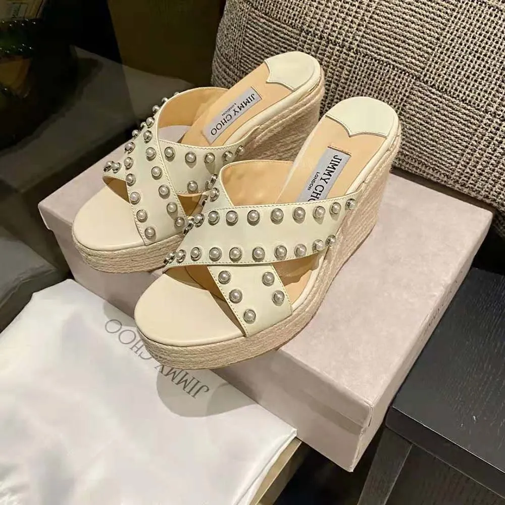 Jimmy Choo Mujer Dovina 100 Latte Napa Cuñas con Perlas