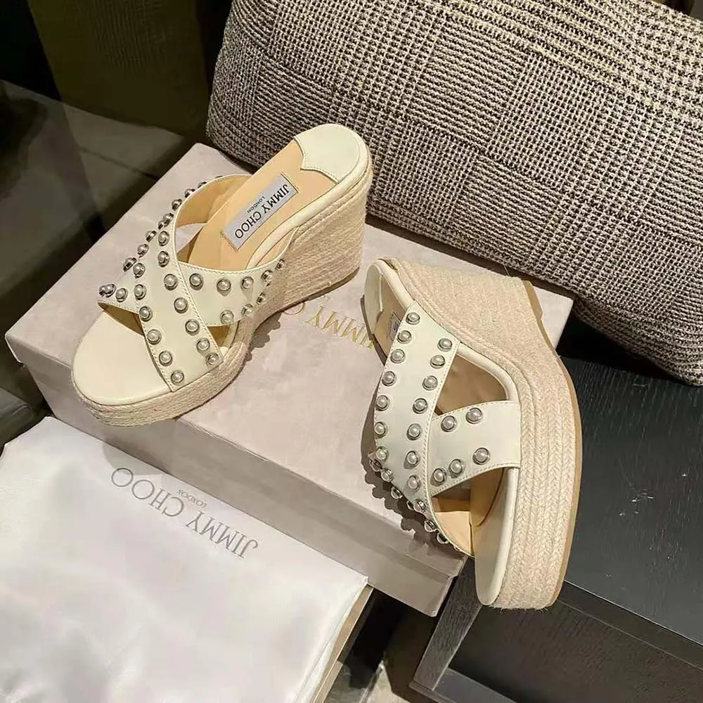 Jimmy Choo Mujer Dovina 100 Latte Napa Cuñas con Perlas