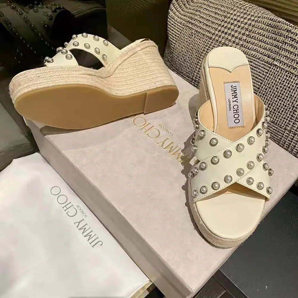 Jimmy Choo Mujer Dovina 100 Latte Napa Cuñas con Perlas