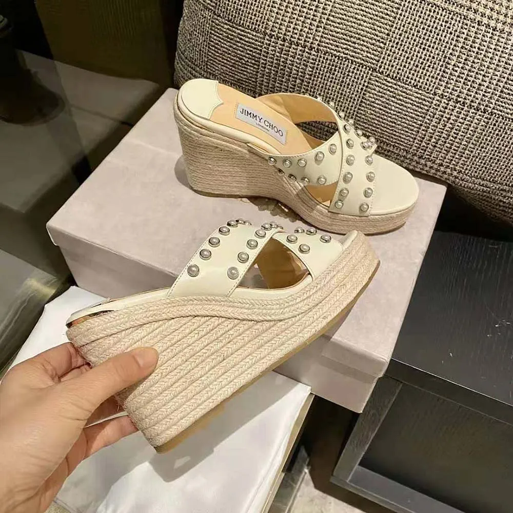 Jimmy Choo Mujer Dovina 100 Latte Napa Cuñas con Perlas