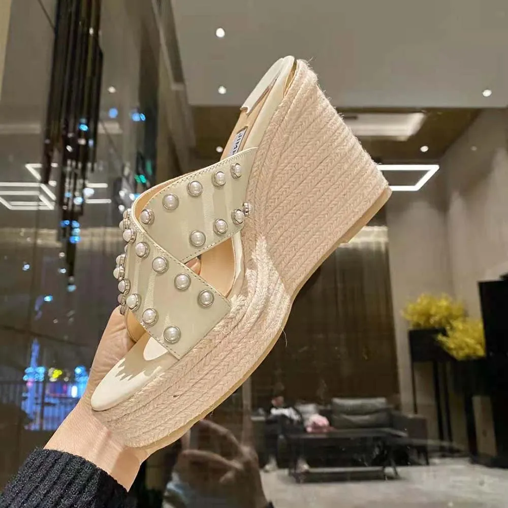Jimmy Choo Mujer Dovina 100 Latte Napa Cuñas con Perlas