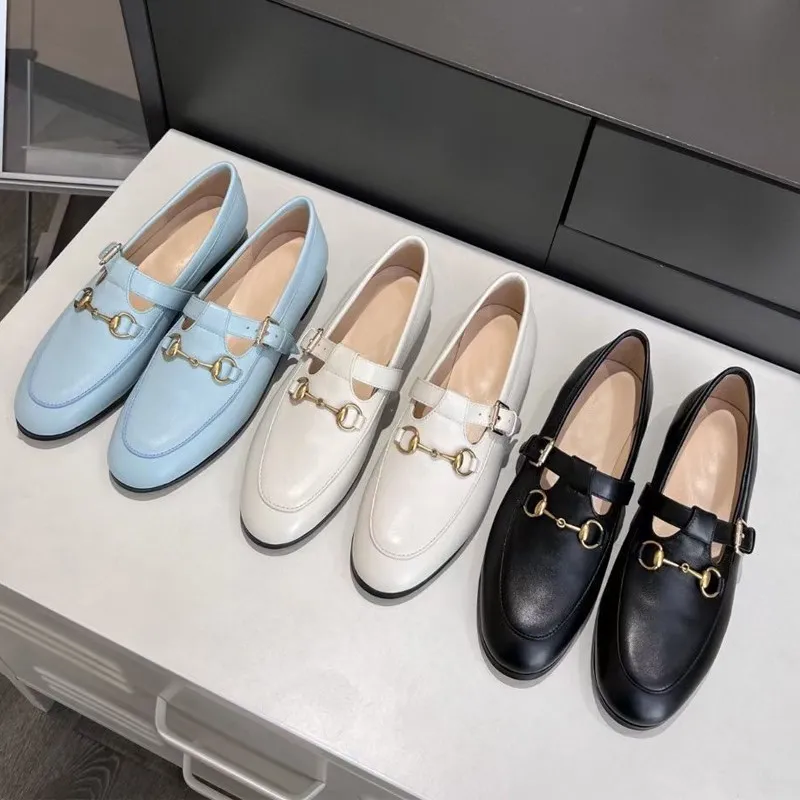 Mujeres zapatos de vestir plano 100% auténtico de cuero de vaca Hebilla de metal zapatos de diseñador de la dama de cuero Mulas 