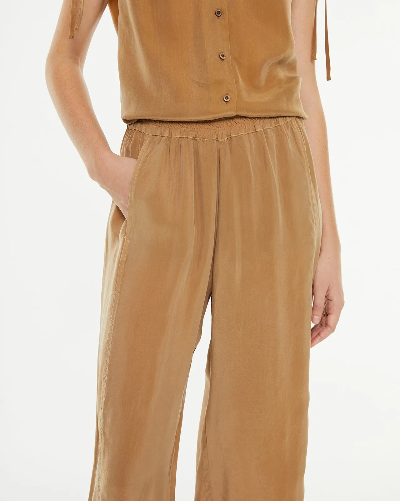 Pantalón largo cupro evasé y goma fantasía