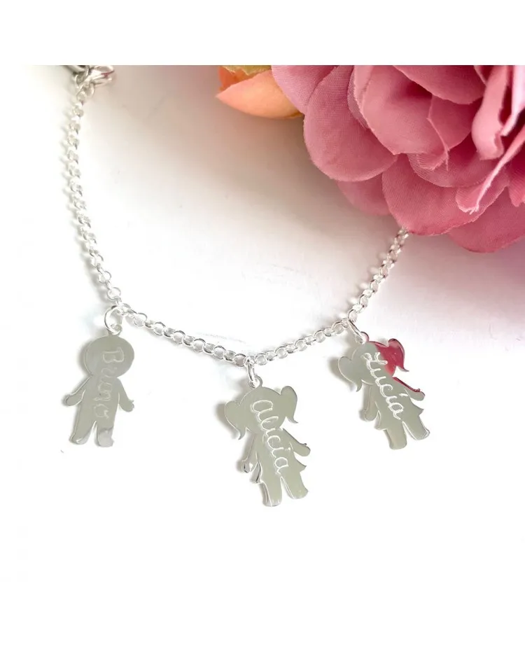 Pulsera de plata con 3 silueta de plata niño/niña