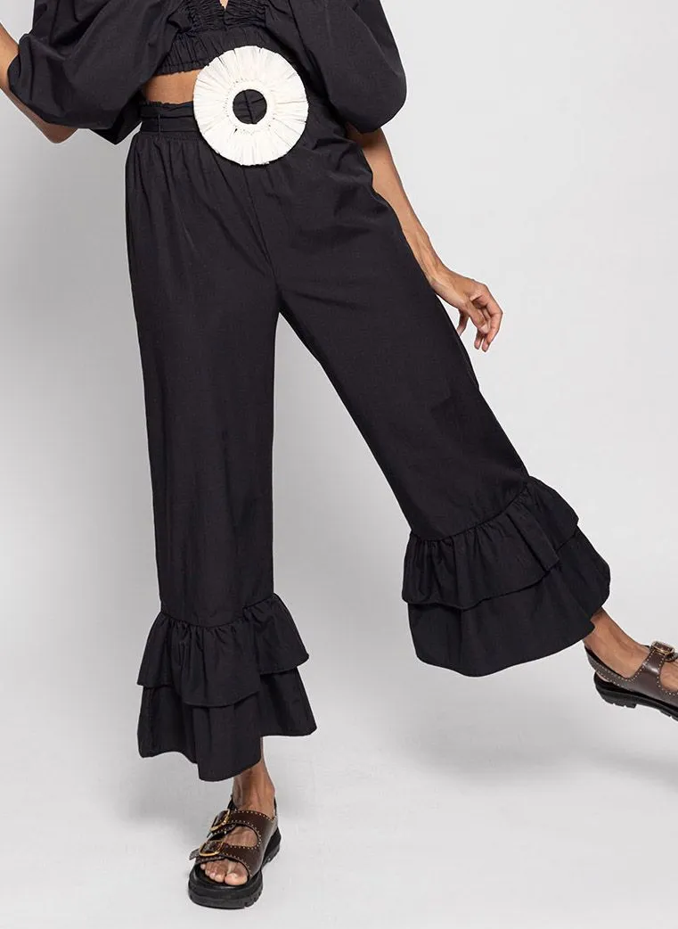 SUNDRESS AMANDINE  PANTALóN RECTO DE TALLE ALTO DE MEZCLA DE ALGODóN CON VOLANTES EN NEGRO
