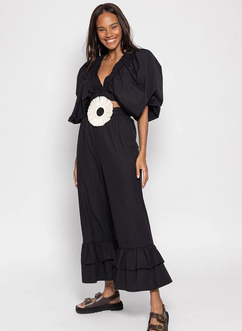 SUNDRESS AMANDINE  PANTALóN RECTO DE TALLE ALTO DE MEZCLA DE ALGODóN CON VOLANTES EN NEGRO