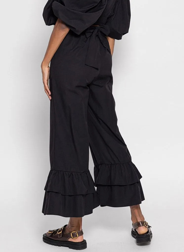 SUNDRESS AMANDINE  PANTALóN RECTO DE TALLE ALTO DE MEZCLA DE ALGODóN CON VOLANTES EN NEGRO