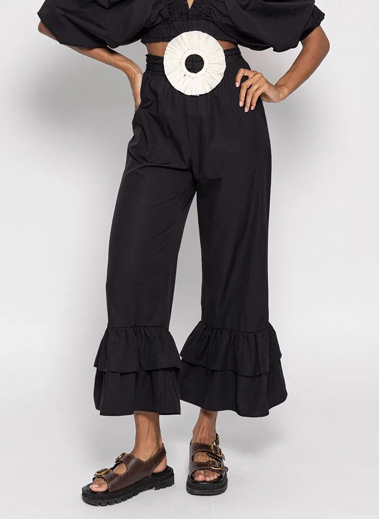 SUNDRESS AMANDINE  PANTALóN RECTO DE TALLE ALTO DE MEZCLA DE ALGODóN CON VOLANTES EN NEGRO