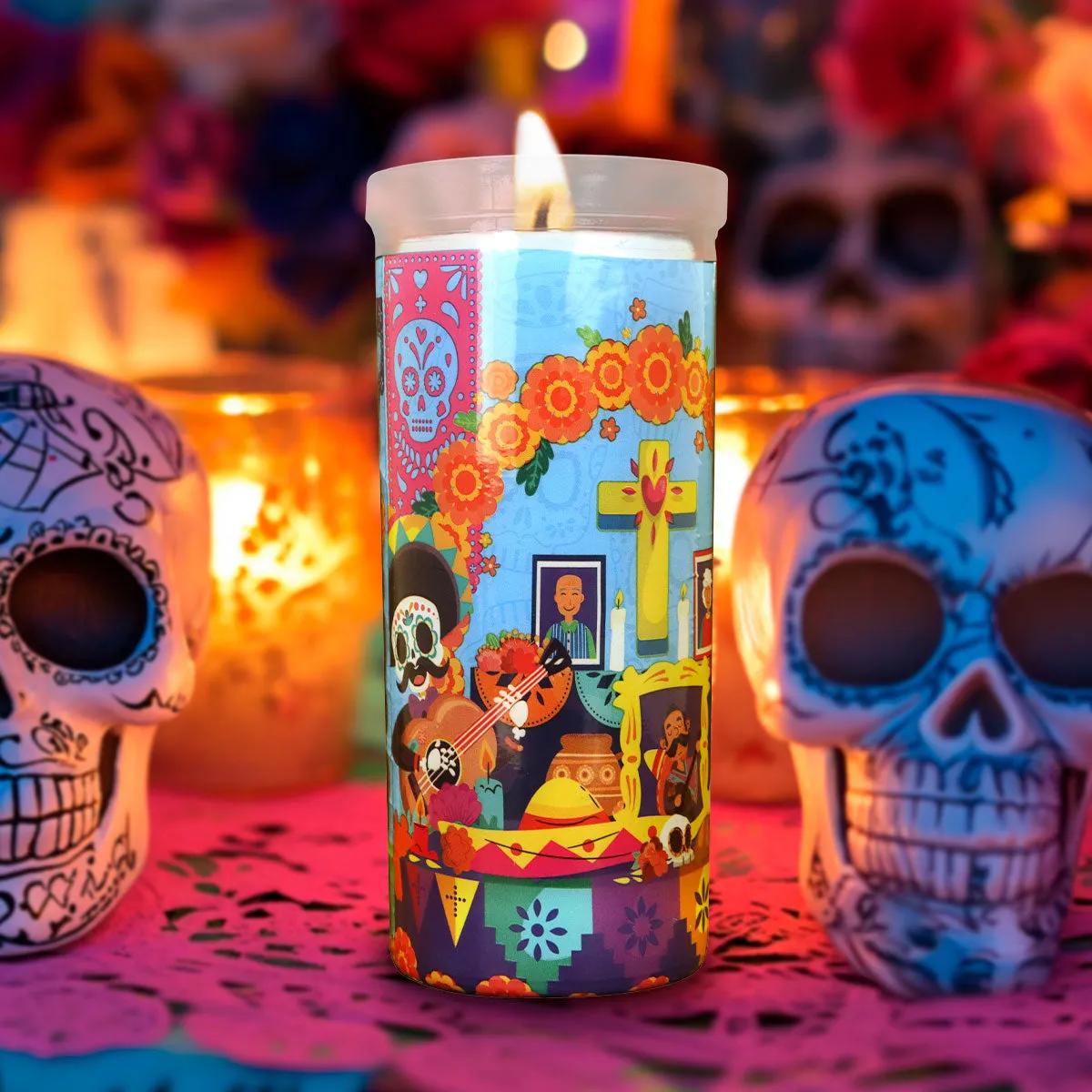 Veladora con Diseo de Ofrenda para Día de Muertos
