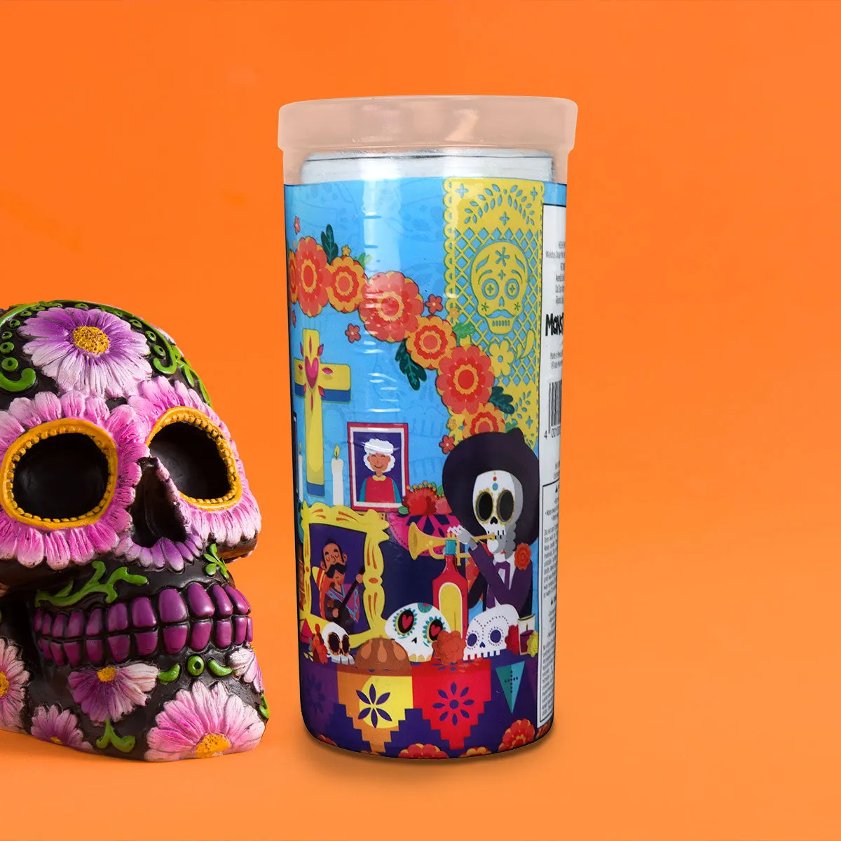 Veladora con Diseo de Ofrenda para Día de Muertos