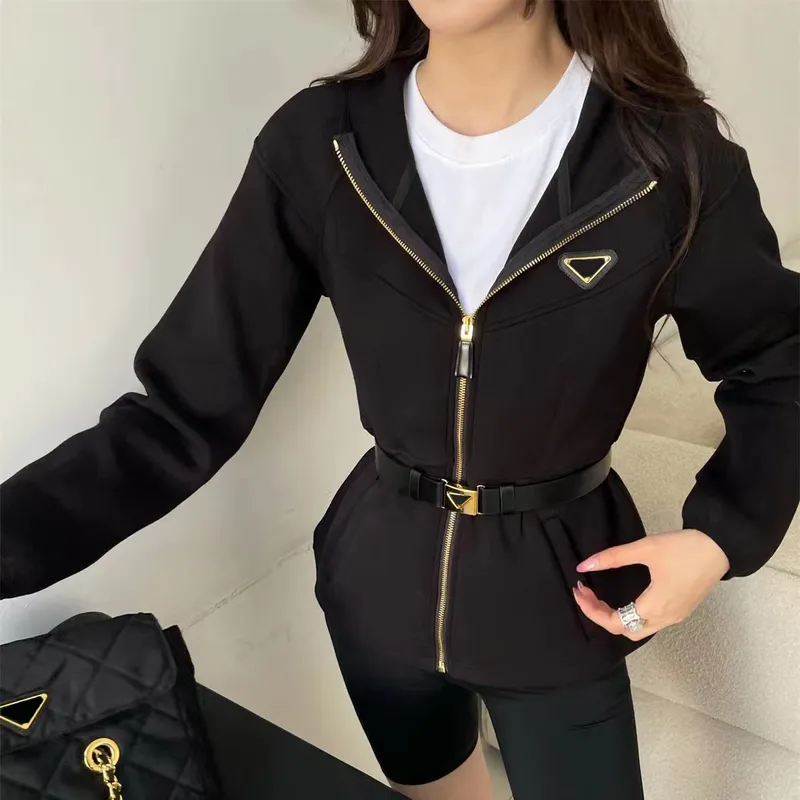 VESTIDO CON CREMALLERA CON CAPUCHA DE LUJO PARA MUJERES, CHAQUETA PARA MUJERES CON CINTURóN DE TRIáNGULO DE METAL DE DISEñADORT