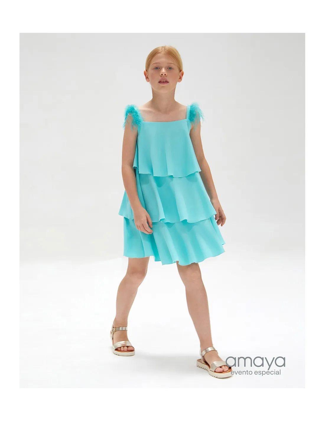 Vestido Crep Niña Junior Ceremonia Verde y Plumas Amaya