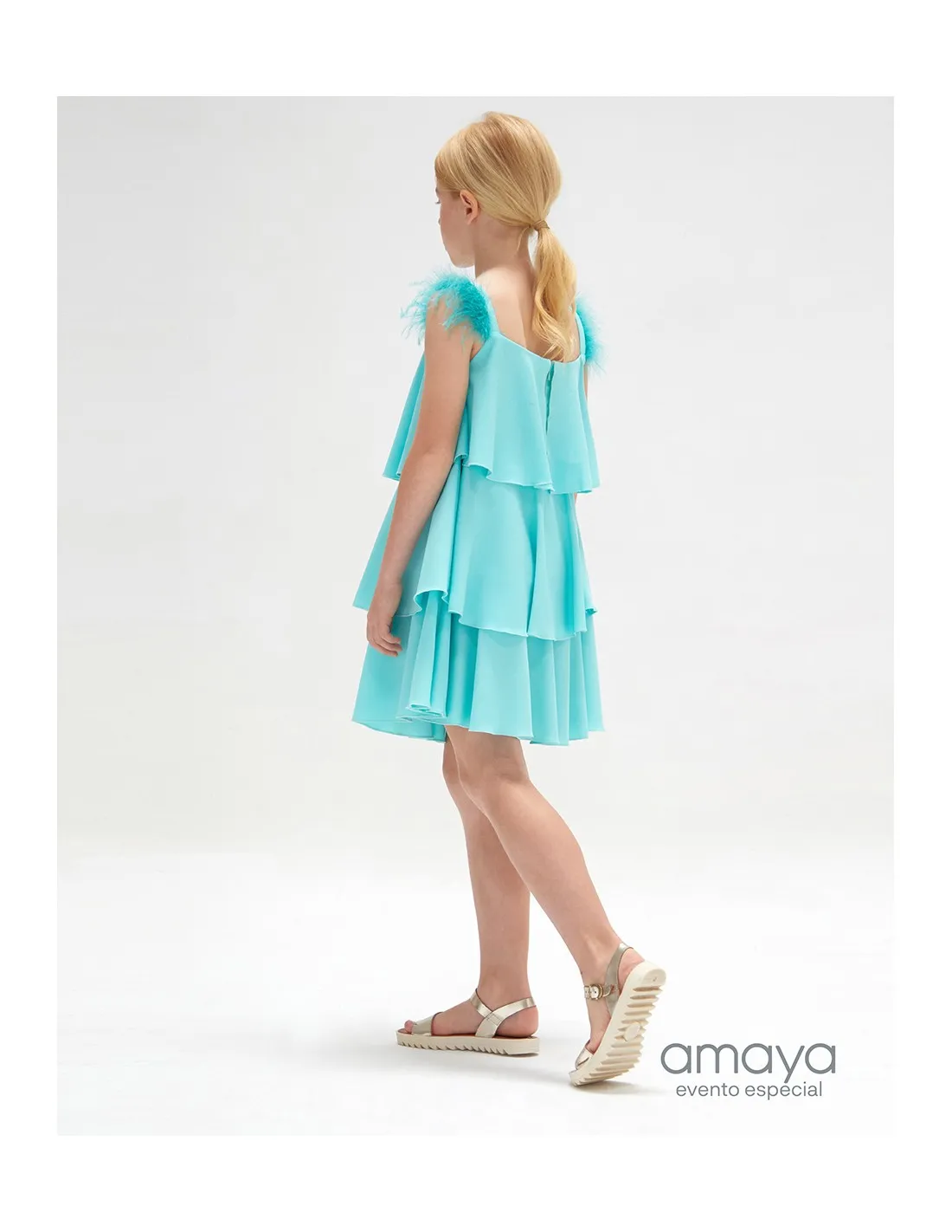 Vestido Crep Niña Junior Ceremonia Verde y Plumas Amaya