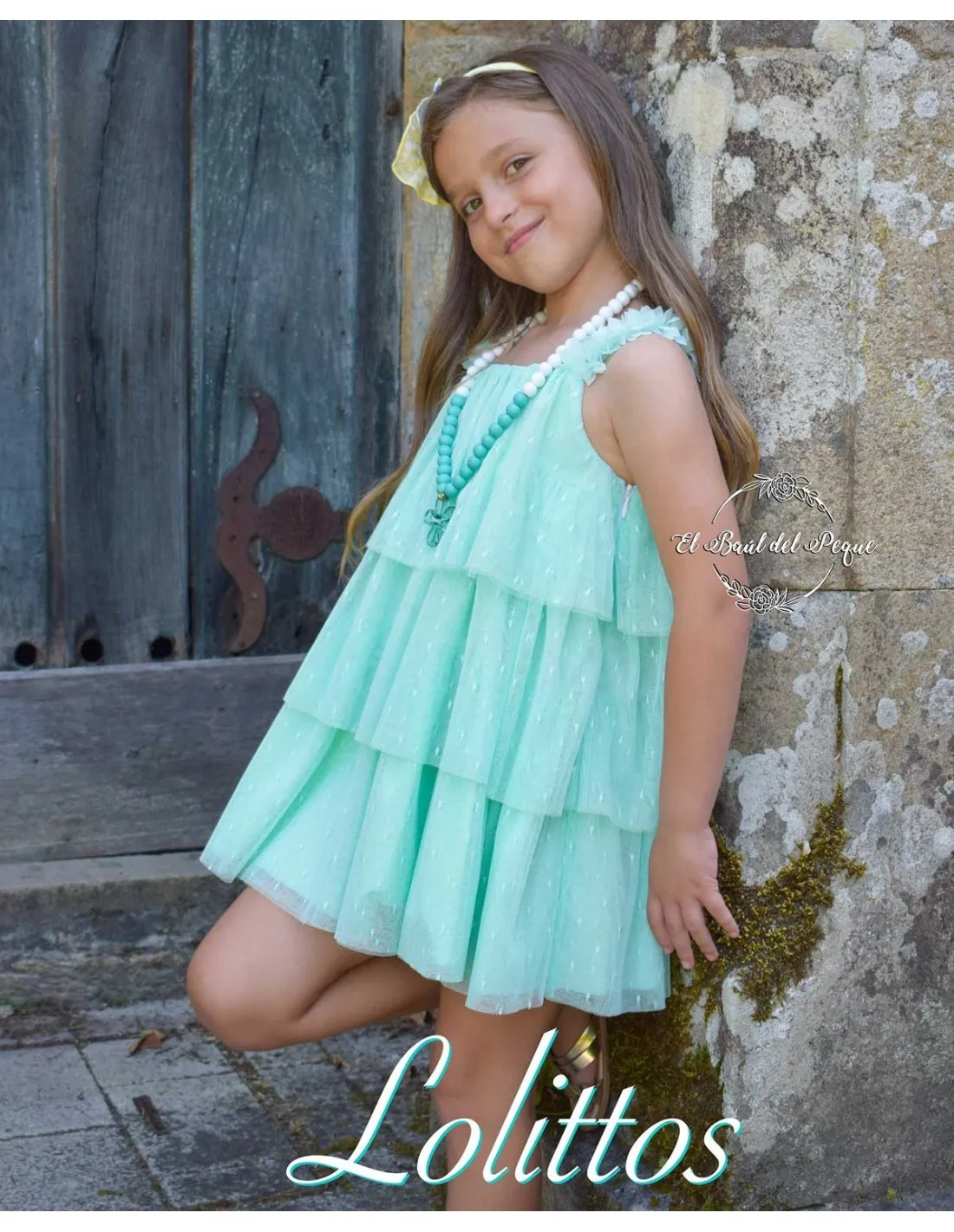 Vestido Niña Tul Volantes Lolittos Colección Primavera Verde Agua