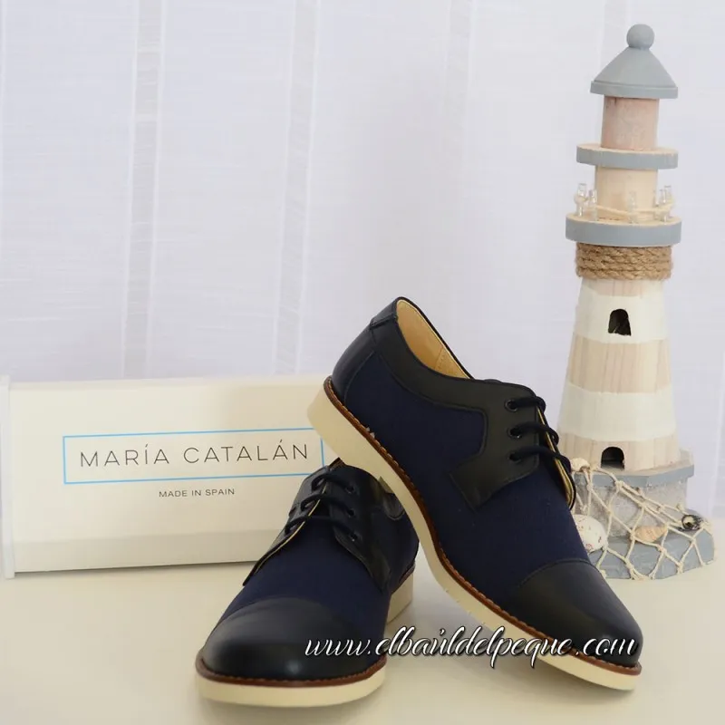 Zapato Niño Piel Napa Navy Combinado con Lino María Catalán